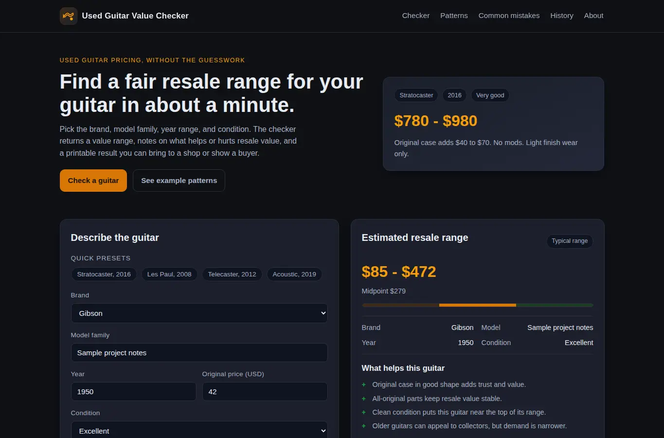 Screenshot of Used Guitar Value Checker interface showing the project page in use